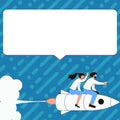 People on Rocket Ship Launching Fast Straight Up. Spaceship Drawing Flying High. Dialogue bubble contains important