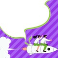 People on Rocket Ship Launching Fast Straight Up. Spaceship Drawing Flying High. Dialogue bubble contains important