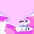 People on Rocket Ship Launching Fast Straight Up. Spaceship Drawing Flying High. Dialogue bubble contains important