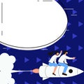 People on Rocket Ship Launching Fast Straight Up. Spaceship Drawing Flying High. Dialogue bubble contains important