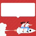 People on Rocket Ship Launching Fast Straight Up. Spaceship Drawing Flying High. Dialogue bubble contains important