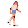 People rollerskate on summer vacation. Young woman skate on roller in sunglasses. Girl in kneepads ride on rollerblade