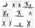 People at rope park entertainment balck-and-white silhouette isolated set