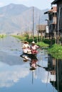 People on rowing a boat at the village of Maing Thauk