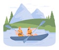 People rowing with paddles in kayak or canoe. Characters in helmets