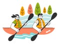 People rowing with paddles in kayak or canoe. Characters wearing