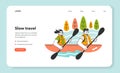 People rowing with paddles in kayak or canoe web banner or landing