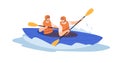 People rowing with paddles in kayak. Men in helmets and life jackets rafting in sports boat with oars. in river. Extreme
