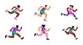 People run. Human action runners in marathon, man and woman do exercises, girl and boy in fast sprint. Bright sportswear