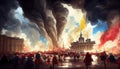 people running around in the french revolution, colorful sky scene , ai generated image