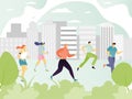 People running in city, jogging men and women cartoon characters, sport marathon vector illustration