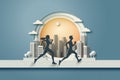 People Running In The City. Running for health in nature with cityscape background. Marathon or Trail running sport activity.