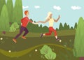 People running in forest, cheerful woman blonde, running in nature, sport lifestyle, design cartoon style vector