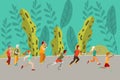 People running in forest, running in nature, sporting lifestyle, healthy running for elderly, design cartoon