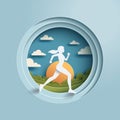 People running for health in nature mountain landscape.Marathon or Trail running sport activity. Paper art vector illustration