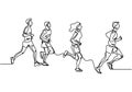 people running one line drawing vector illustration. Group of man and women doing exercise for healthy life. Vector illustration Royalty Free Stock Photo