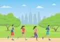 People running in the park with cityscape. Men and Women jogging. Marathon race concept. Sport and fitness design template