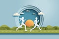 People Running In The Park. Running for health in nature landscape.Marathon or Trail running sport activity. Paper art vector