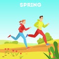 People running in park in spring. Outdoor activity
