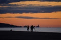 people running, searching with metal detector and walking a dog, on the beach Royalty Free Stock Photo