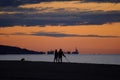 people running, searching with metal detector and walking a dog, on the beach Royalty Free Stock Photo