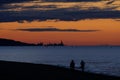 people running, searching with metal detector and walking a dog, on the beach Royalty Free Stock Photo