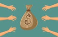 Greedy Hands Reaching for a Money Bag Vector Illustration