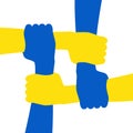 People's hands support Ukraine. Four yellow and blue hands holding each other