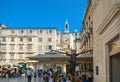 People`s Square inside Diocletian`s Palace in the ancient city of Split Croatia, with tourists, cafes and the bell clock tower