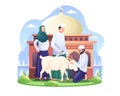 People are sacrificing goats or qurban on Eid al Adha. Happy Eid Al Adha Mubarak. vector illustration