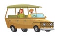 People in safari tour car, travelers drive car vehicle isolated