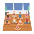 People safe the balance with group meditation, relaxation cartoon vector illustration