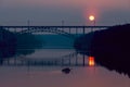 People are sailing on a boat on the river, there is a railway bridge and the sun over the river Royalty Free Stock Photo