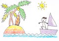 People sailing a boat with sunny vacation island on sea ocean beach in summer season. Kid`s drawing. Coloring. Painting. Royalty Free Stock Photo