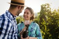 People sampling and tasting wines in vineyard Royalty Free Stock Photo