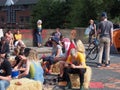 People sat in the street at the extinction rebellion protest blocking the road at the victoria bridge in leeds