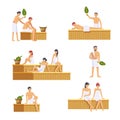 People in sauna man and woman characters. Vector icons