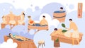 People in sauna, men and women cartoon characters bathing in spa resort, vector illustration