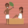 People in sauna. Wooden bathhouse. Spa and relax