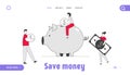 People Saving and Collect Money in Thrift-box Website Landing Page. Man and Woman Put Golden Coin and Dollar Royalty Free Stock Photo