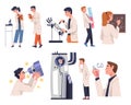 People Scientist Character Working in Laboratory Engaged in Research Vector Set