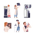 People Scientist Character Working in Laboratory Engaged in Research Vector Set