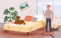 People scold dog behavior problem, angry man scolding doggy for messy chaos in bedroom