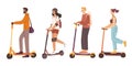 People on scooters. Man and woman riding electric scooter. E-scooter and kick-scooter for rent. Hand drawn flat vector