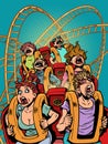 People scream and ride a roller coaster. Poster for amusement park and free leisure. A banner with a unique offer that Royalty Free Stock Photo