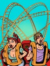 People scream and ride a roller coaster. Poster for amusement park and free leisure. A banner with a unique offer that Royalty Free Stock Photo