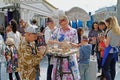 People sculpt figures on Tverskaya street at the City Day 870 years in Moscow Royalty Free Stock Photo