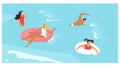 People in sea summer vacation, woman man girl character swim in ocean, vector illustration. Cartoon swimmer in water