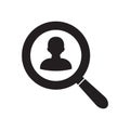 People search vector icon. Magnifying glass with man inside. Vector illustration, flat design. Royalty Free Stock Photo