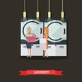 People in self-service laundry vector poster. Room interior banner Royalty Free Stock Photo